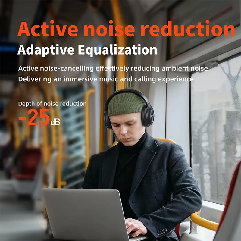 Model wearing EchoNova Headphones with active noise cancellation