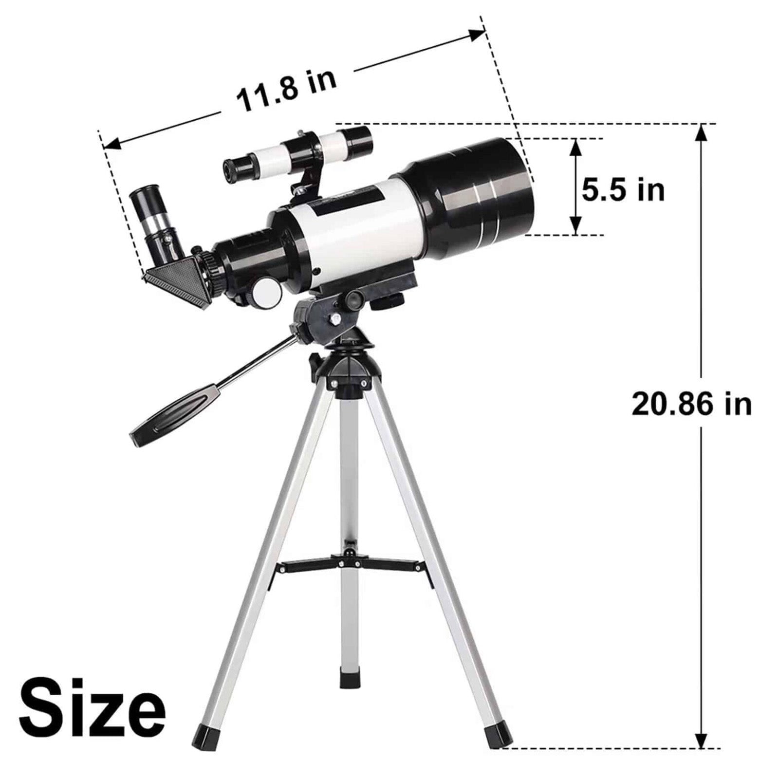 Kids telescope mounted on tripod in backyard setting