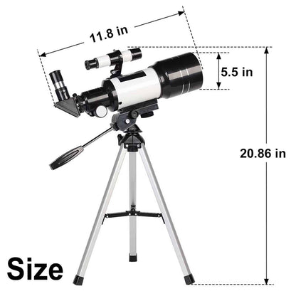 Kids telescope mounted on tripod in backyard setting